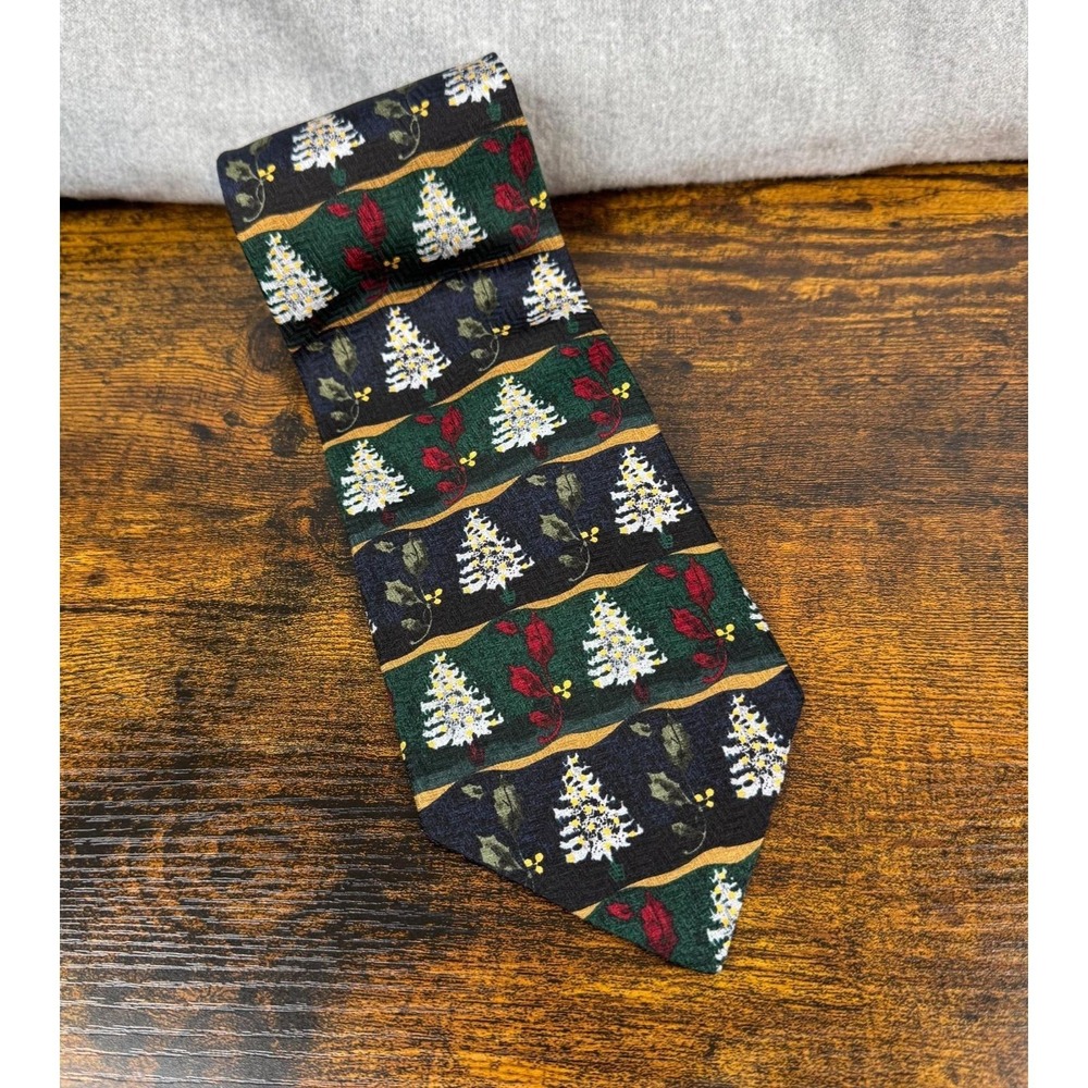 Franco Baretta Necktie Mens Green Christmas Tree Holly 100 Silk Holiday Tie 90s